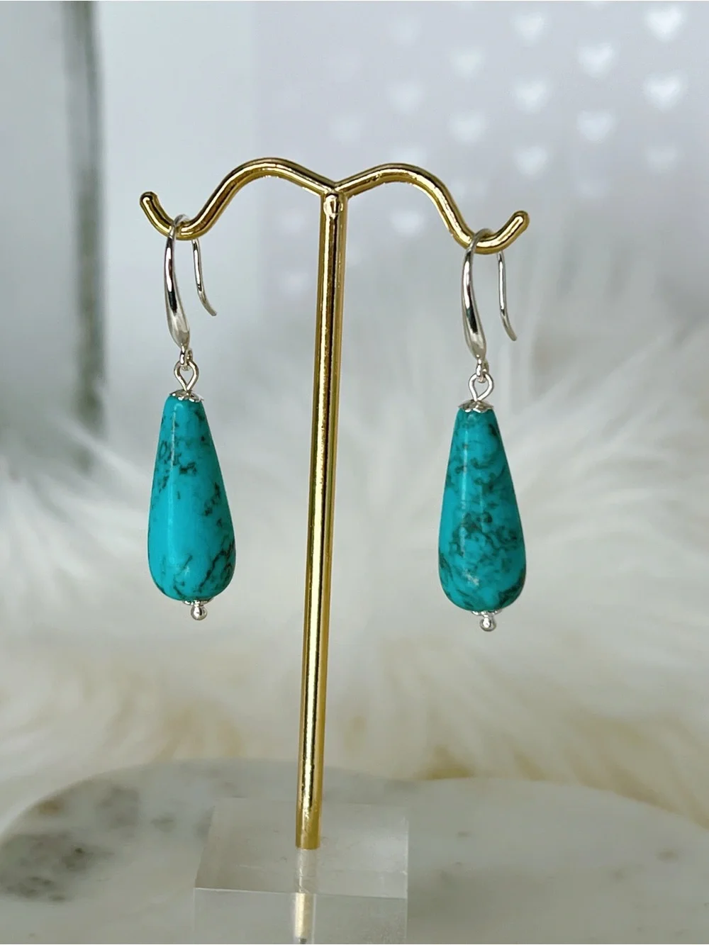 Silver hook Turquoise 1.75” earrings teardrop dangle blue